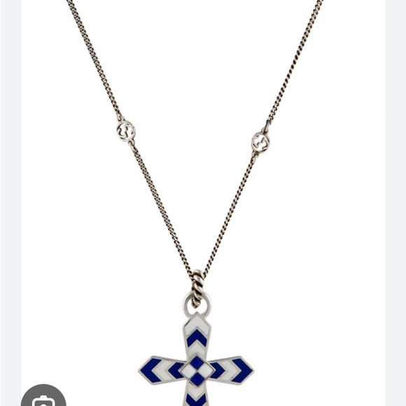 Luxury Gucci Authentic Blue Enamel Cross Necklace Sterling Silver Unisex Sz 20” - Picture 1 of 12